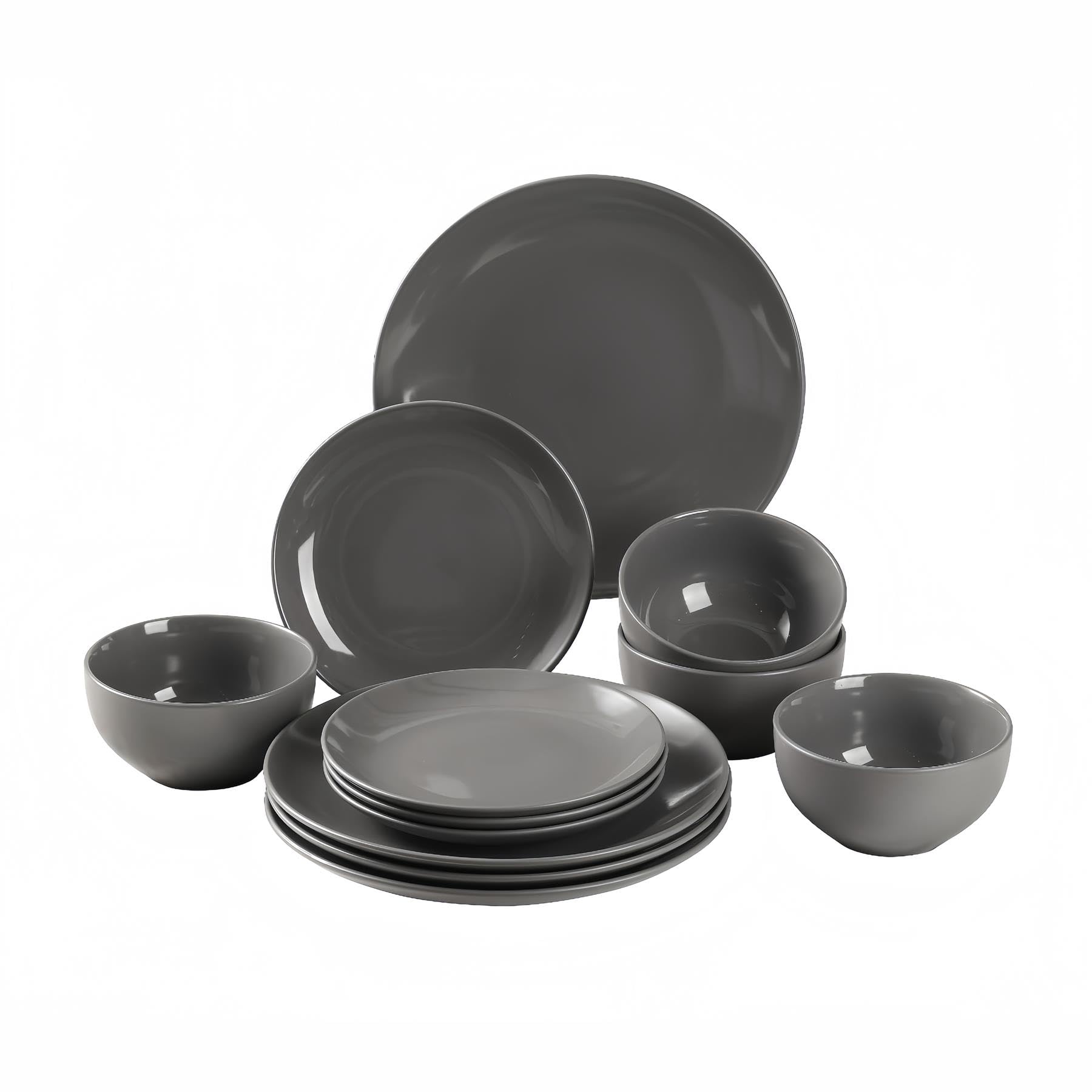 simpa 12PC Grey Glazed Ceramic Stoneware Dinner Set. 4 Dinner Plates, 4 Side Plates & 4 Bowls. Dishwasher & Microwave Safe.