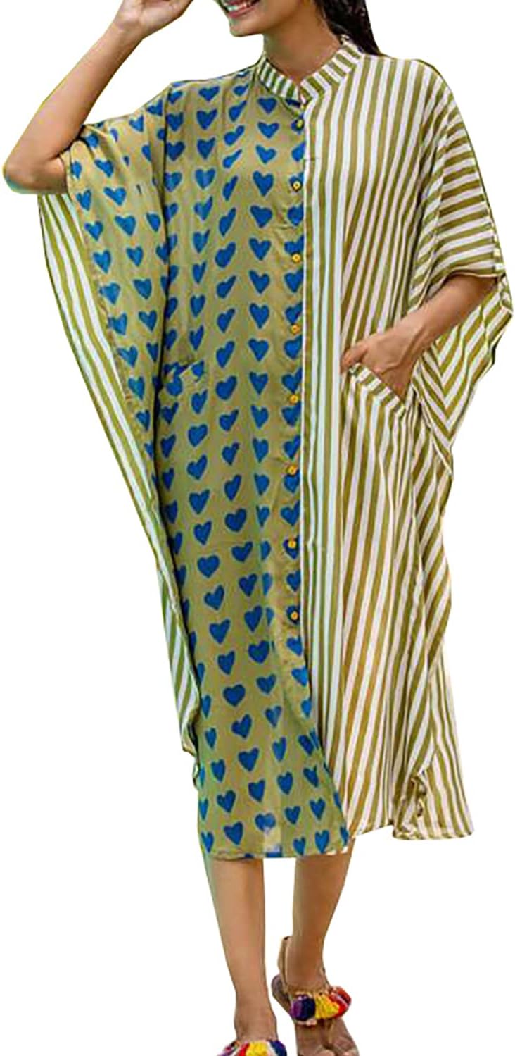 YouKD Women's Long Kaftan Maxi Bohemian Dress Beach Coverup Robe Roomy Kimono One Size Loungewear