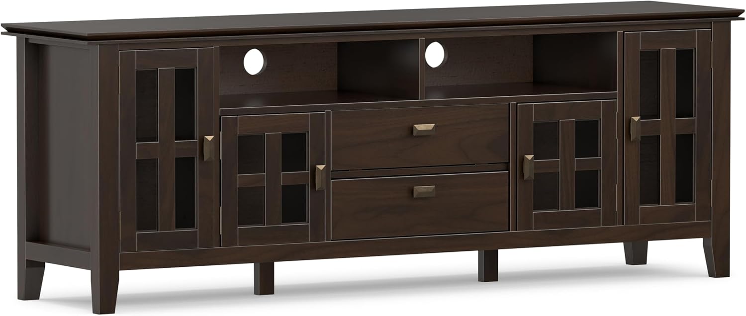 SIMPLIHOME Artisan TV Stand - 72 inch Wide Solid Wood Media Console in Tobacco Brown, Contemporary Entertainment Center for Living Room for TVs up to 80 Inches with Glass Cabinets and Cable Management