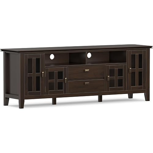 SIMPLIHOME Artisan TV Stand - 72 inch Wide Solid Wood Media Console in Tobacco Brown, Contemporary Entertainment Center for Living Room for TVs up to 80 Inches with Glass Cabinets and Cable Management