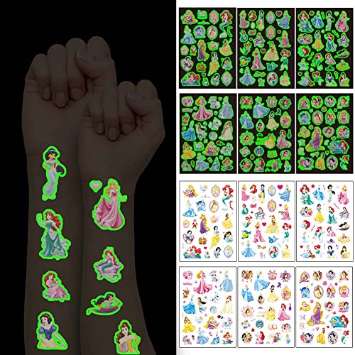 AOOWU Tattoo Kinder, 6 Blätter Leuchtendes Prinzessin Temporäre Tattoo Set für Mädchen Kindertattoos Wasserdicht für Geburtstagsgeschenke Kindergeburtstag Mitgebsel Festival Party Deko Cover