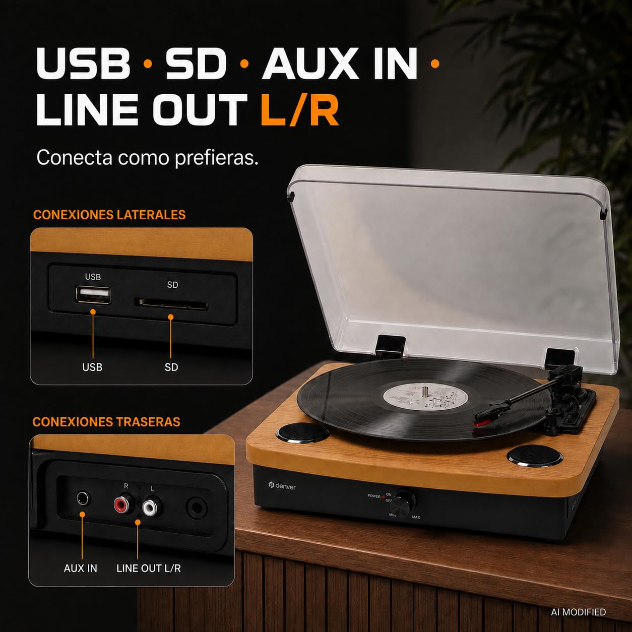 Denver VPL-230LW Tocadiscos Bluetooth, 3 velocidades 33/45/78 RPM, Altavoces Integrados, USB/SD MP3, Salida Phono, Madera Clara
