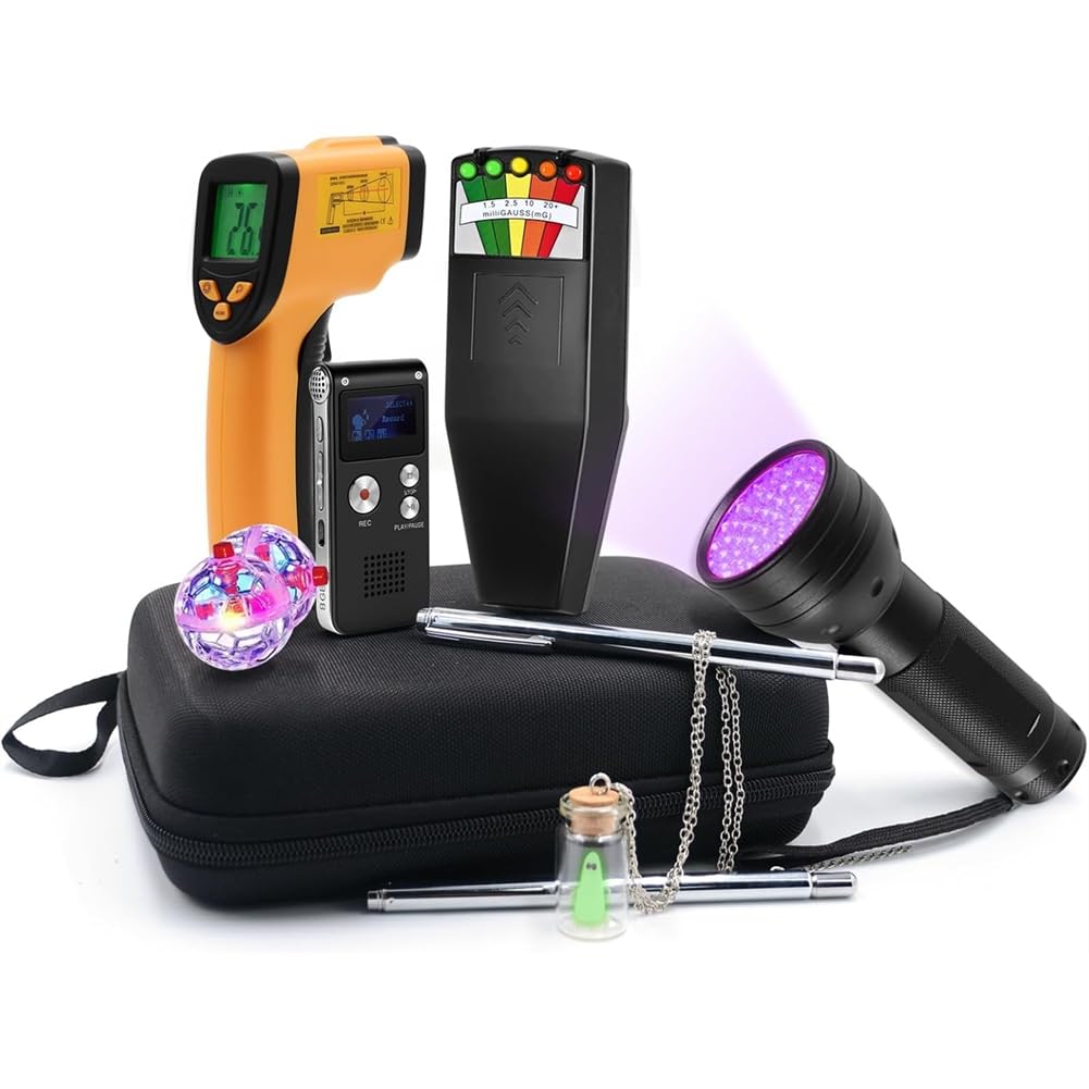 El Kit de 9 Piezas Incluye un Medidor de Campo Electromagnético (EMF), un Detector Sin Contacto (EVP) y una Varilla de Radiestesia.