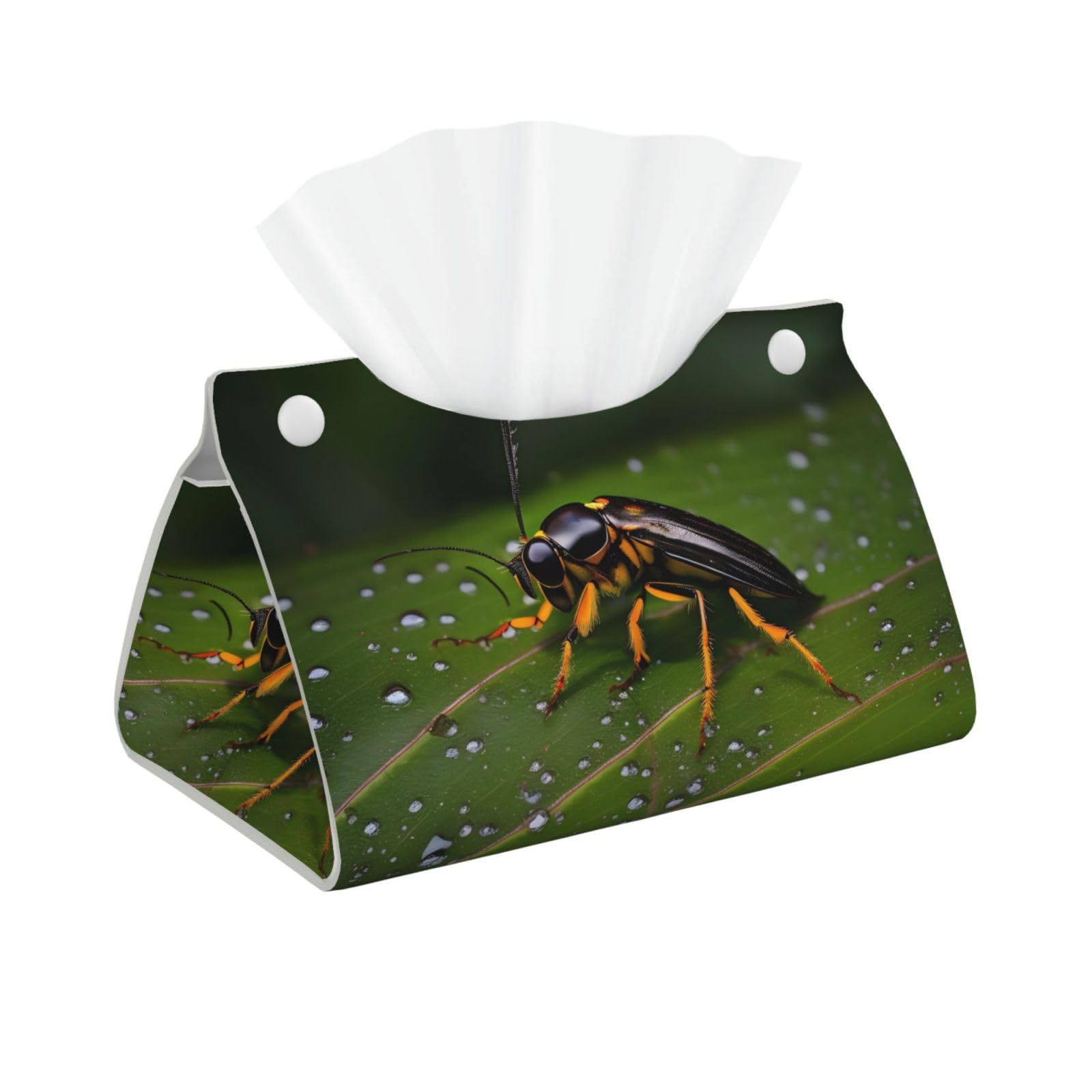 Insects on leaves Long Leather Tissue Box Cover-Waterproof PU Leather Tissue Holder for Bathroom, Decorative Rectangular Tissue Case