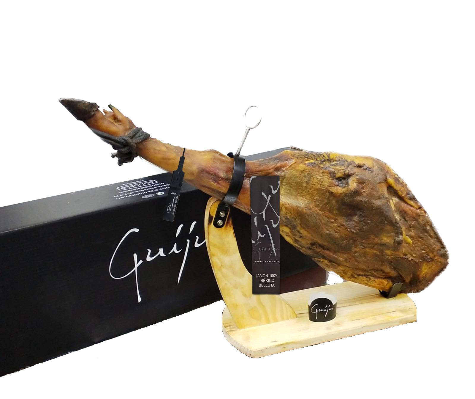 Guijú Jamón Ibérico de Bellota 100% Pata Negra, 8 kg, Pack Regalo con Jamonero y Cuchillo.