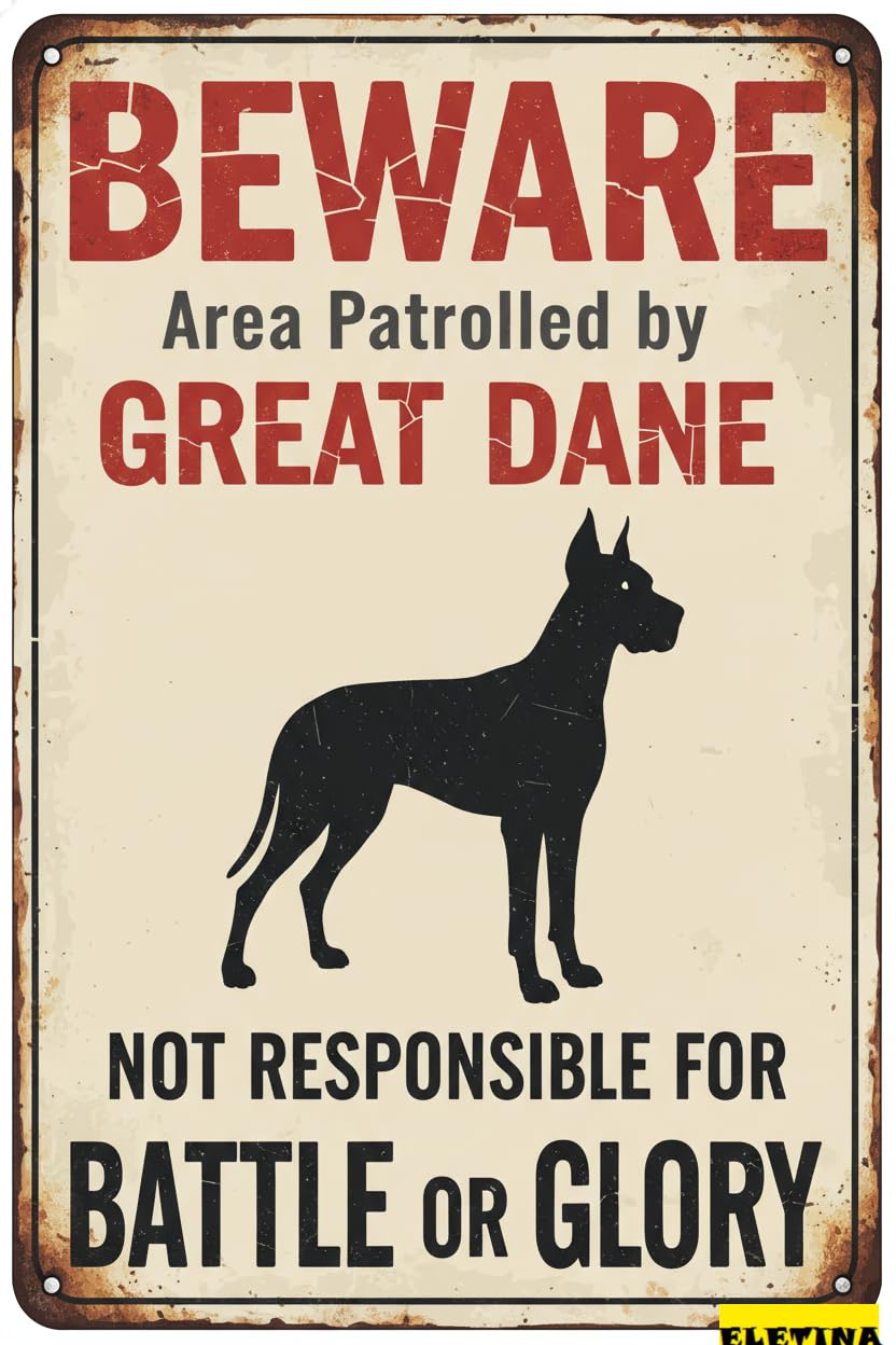 Vintage Metal Tin Sign for Man Cave Beware Area Patrolled By Great Dane Dog Alert Unique Novelty Safety Caution Outdoor Warning Notice Iron 8x12 Inch, Black Private Property Decorative