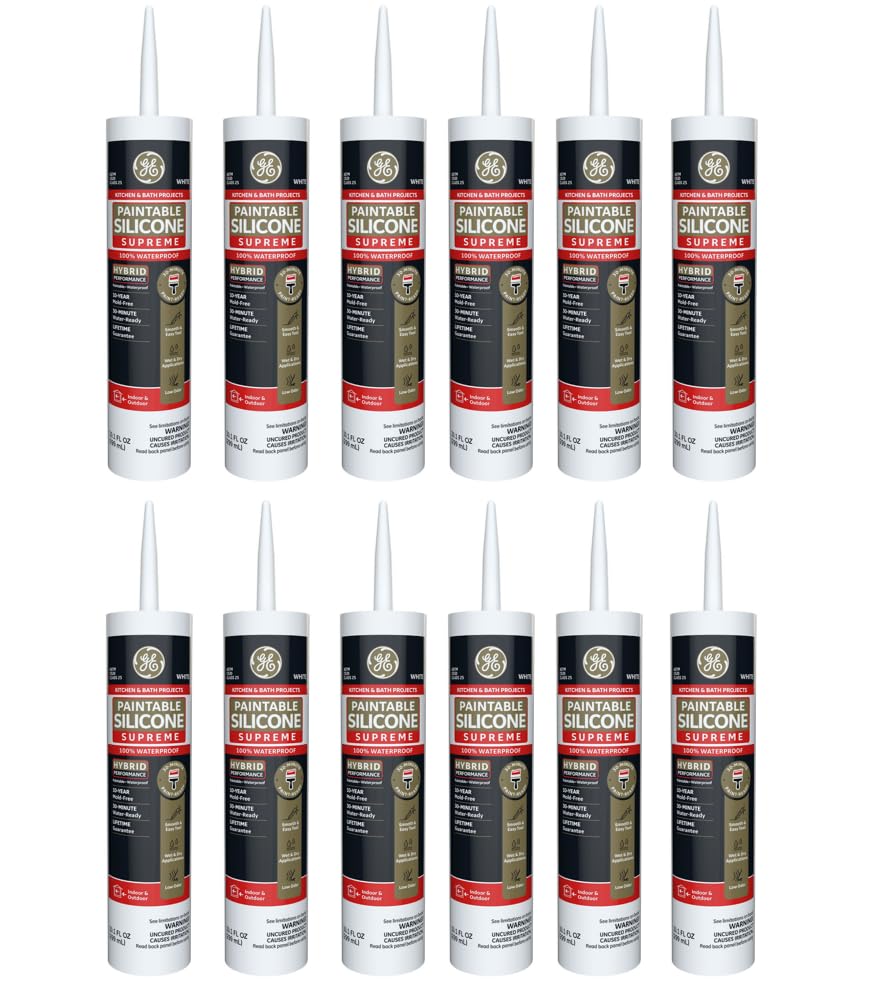 GE Supreme Paintable Silicone Caulk for Kitchen &amp; Bathroom, White, 9.5 fl oz Cartridge, 12 Pack - 100% Waterproof Silicone Sealant, 7X Stronger Adhesion, Shrink &amp; Crack Proof