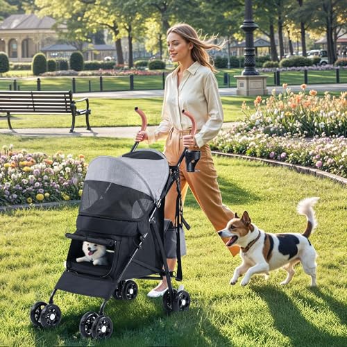 DWVO Hundewagen Hundebuggy für Hunde & Katzen bis 11,3 kg, Faltbar klappbar, Haustiere Buggy mit Kissen, Aufbewahrungskorb, Haustier-Kinderwagen 45x80x103cm, Katzenwagen (Grau Schwarz)