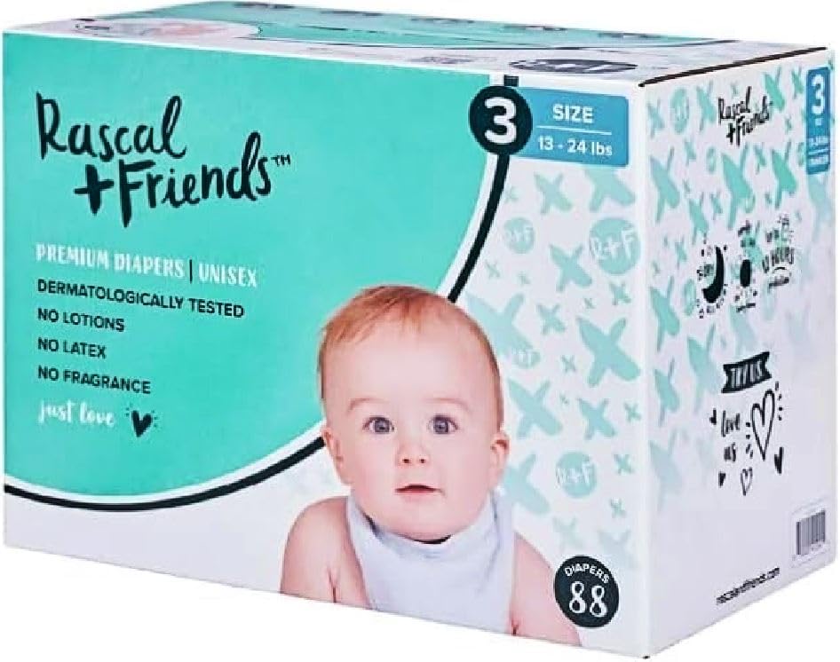 Image of Rascal + Friends Premium Quality Diapers, M93337, Size 3, 88 Count, Pack - 1, White (Packaging&Print May Vary)