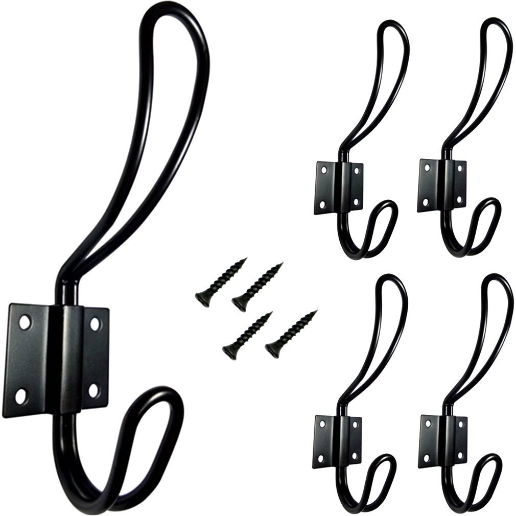 5-Pack Big Double Coat Hooks (Black)