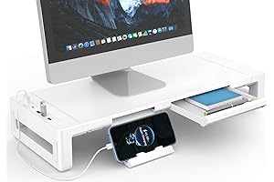 Sturdy Ergonomic Foldable Monitor Stand with USB Ports and Storage Drawer