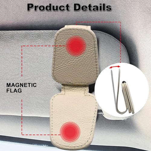 Image of Automaze Leather Car Visor Sunglass Holder, Magnetic Leather Glasses Eyeglass Hanger Clip for Car, Sunglass Clip Glasses Holder for Car Visor, Beige, Pack of 1
