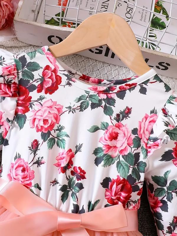 Image of Niren Enterprise 1019 Long Sleeve Printed Flower Belted Square Neck Baby Girl Frock with Knee-Length and A-Line Style