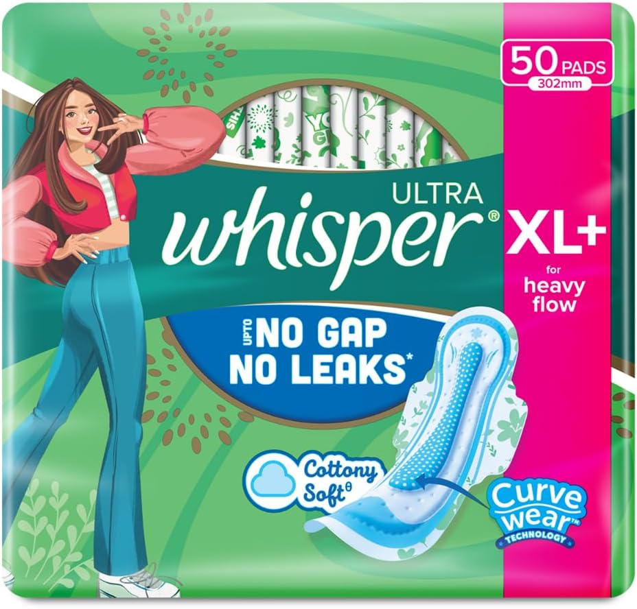 Whisper Ultra Upto No Gap No Leaks* Sanitary Pads, 50 XL+ Pads, For Heavy Flow Protection, With CURVEWEAR Technology, Cotton Like Softness, Disposable Wrapper, Locks Odour & Wetness (*Based on P&G Technical Data) (Product Does Not Contain Cotton)
