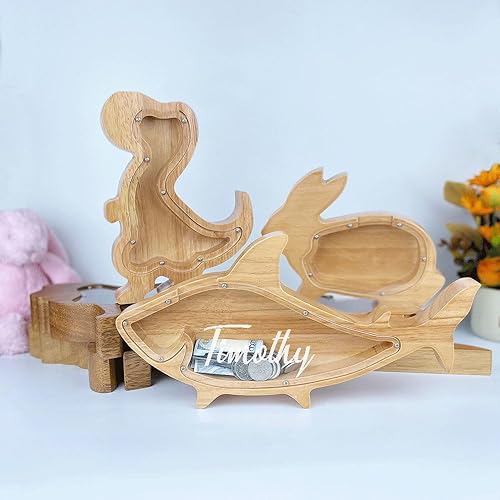 Miniatura 2 de Alcancía de madera de animales personalizada para niños, caja de dinero de madera personalizada con nombre para niños, caja de ahorro de dinero