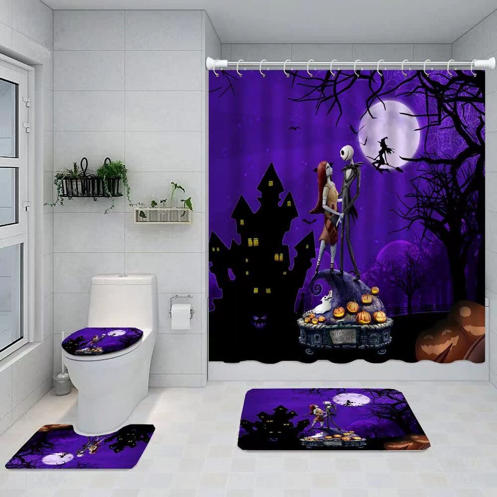 Rideau De Douche Halloween - Motif Ferme Automne Avec Squelettes Et Citrouilles - Imperméable 183x198 Cm - 4