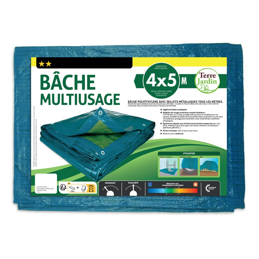 TERRE JARDIN - Bâche de Protection Extérieur, 6 x 10 m - Bâche Multi-Usage Résistante, Polyéthylène 70 g/m², Anti UV - Bâche pour Bois de Chauffage - Œillets en Aluminium - 6 x 10 - Bleu