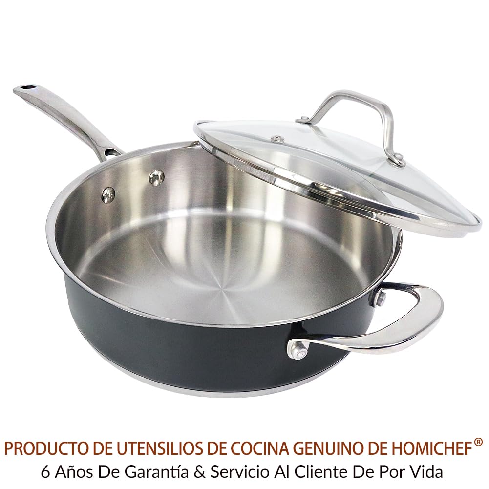 HOMICHEF sartén para saltear de acero inoxidable sin níquel de color gris marino de 24 cm con tapa apta para inducción y horno - Sartén pulida mate premium no tóxica de 2,36 L con tapa de vidrio