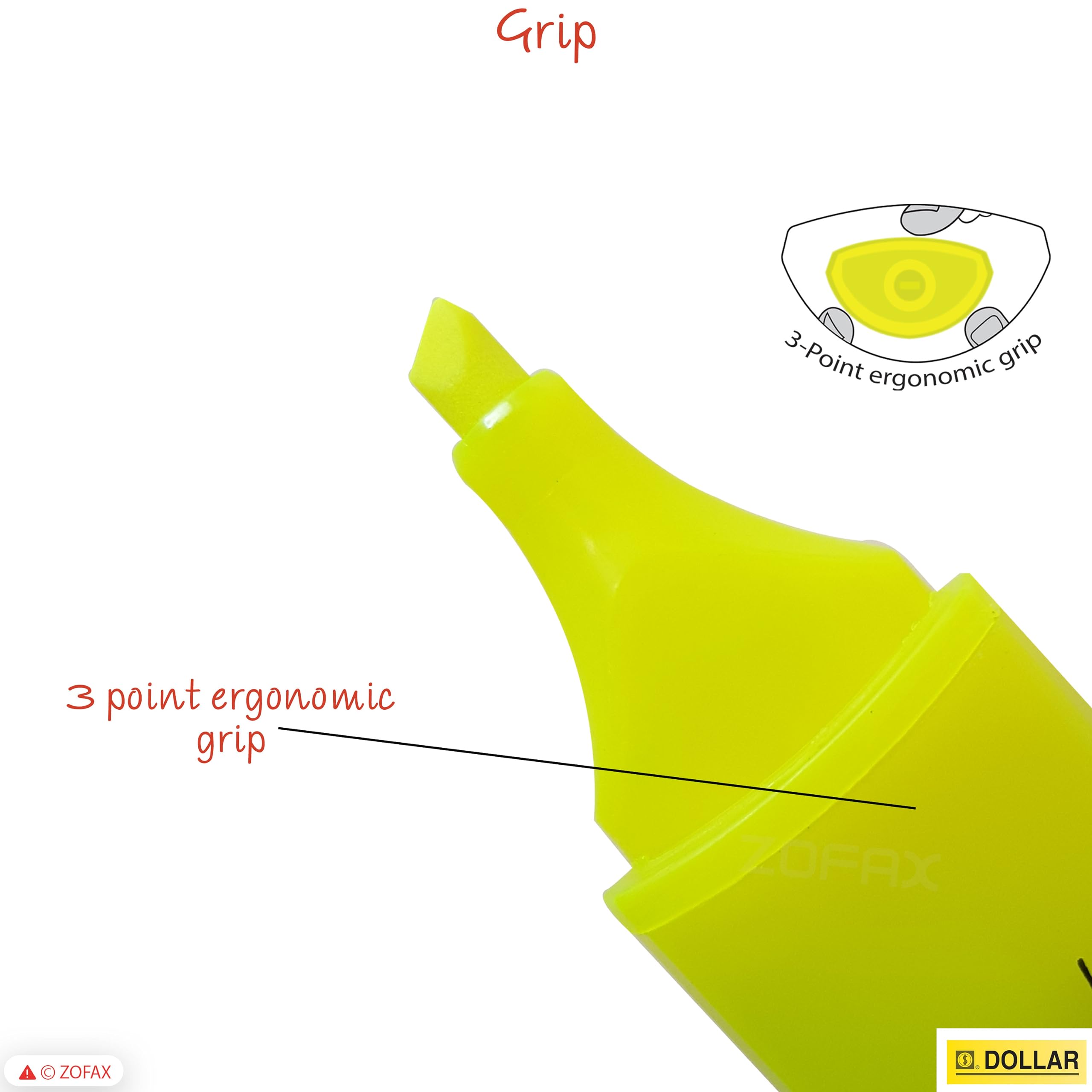 DOLLAR HL625 Neon Fluorescent Highlighter Pens, YELLOW, Pack of 10, Chisel Tip (5.0mm), 3-Point Grip, Multipack, Fast-drying - Image 4
