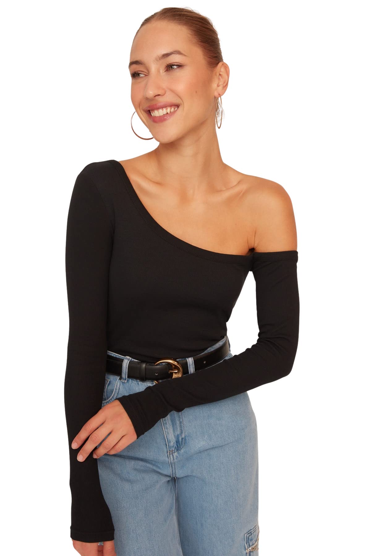 Trendyol Women Slim fit Basic Asymmetrical Collar Knitted Blouse Schwarz