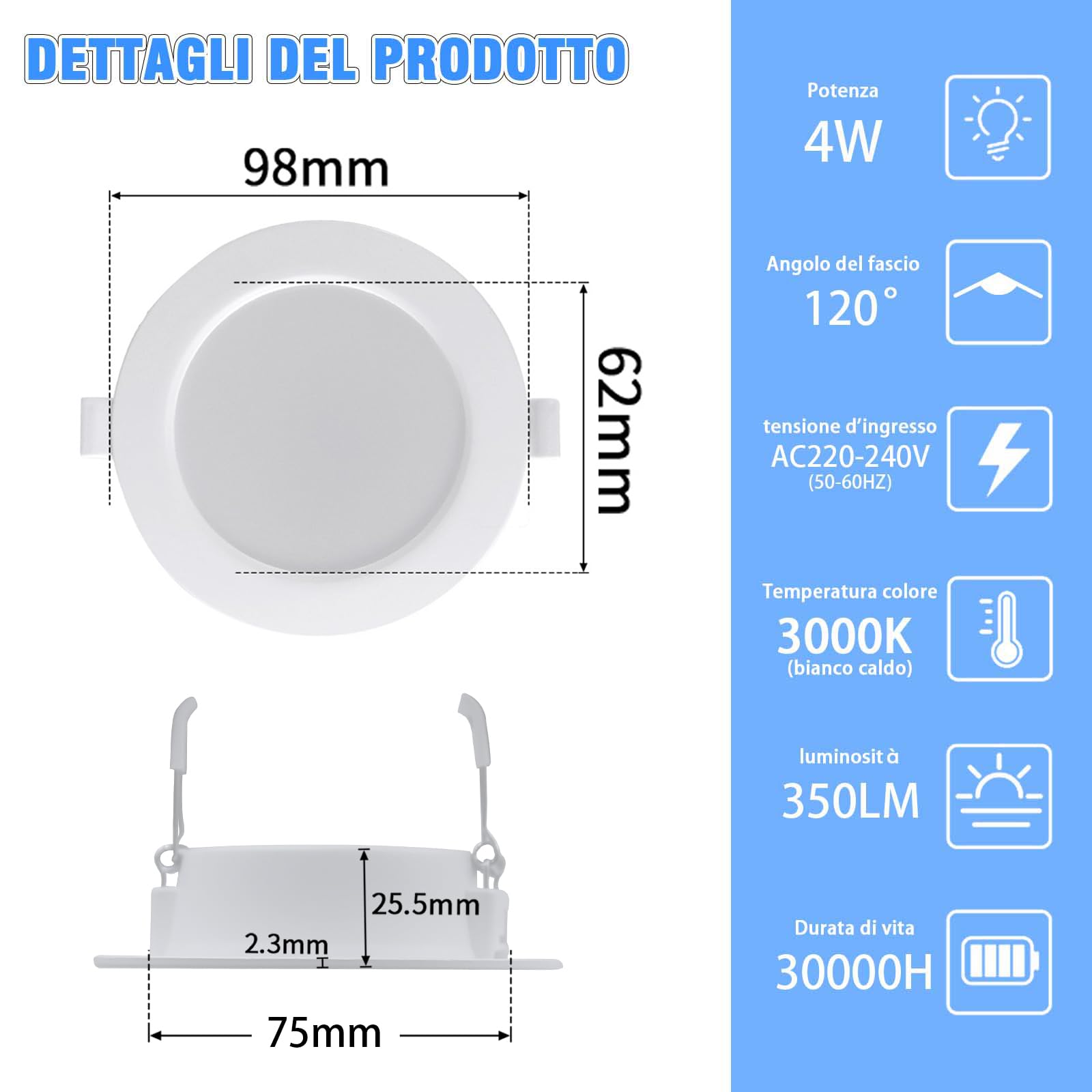 WeshLMPO Faretti Led da Incasso per Cartongesso, Bianco Caldo 3000K Faretti Led Soffitto 4W 350 Lumen, IP44 AC 220-240V Faretto Led Interno Ultrasottili 25mm, Set di 6