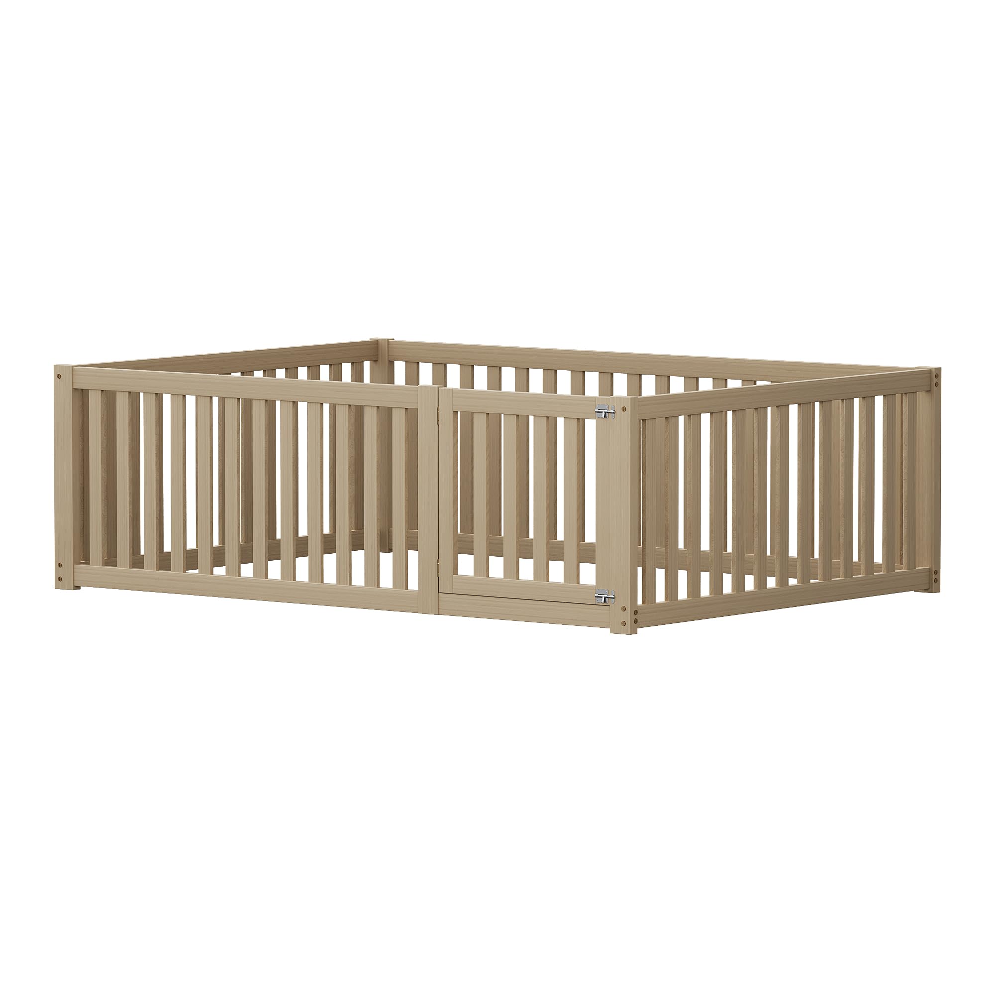 Zepneiy Lit Enfant 140 x 200 cm, Cadre de lit au Sol en Bois Massif, lit Enfant avec clôture et Porte, Coloris Naturel
