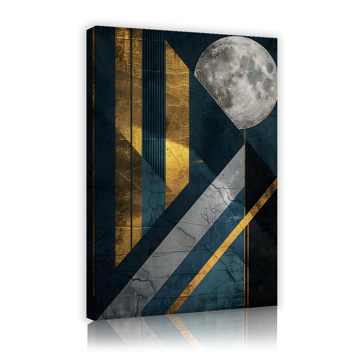 TOANGWALL Gold Navy Canvas Wall Art Full Moon Geometric Lines Painting Textured Gold Foil Poster Graphic Illustration Artwork For Living Room Bedroom Kitchen Dining Decor 50x75cm
