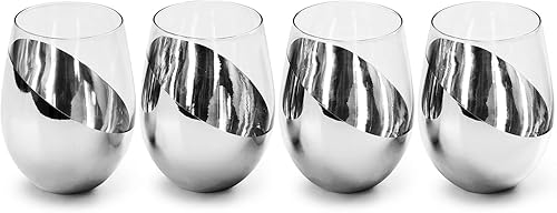Miniatura 7 de MyGift Juego de Regalo de 4 Copas de Vino Sin Tallo Plateadas Premium de Alta Calidad, Vajilla Moderna Metálica con Detalles Elegantes, Regalo