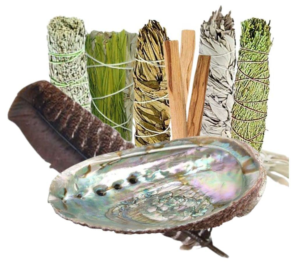 14-TLG Räucherset mit Räuchermuschel & Räucherfeder + weißer Salbei + Sweetgrass + Palo Santo zum räuchern für RAUHNÄCHTE & HAUSREINIGUNG. Räucherwerk mit Anleitung + Geschenk-Säckchen. 82865-2MF