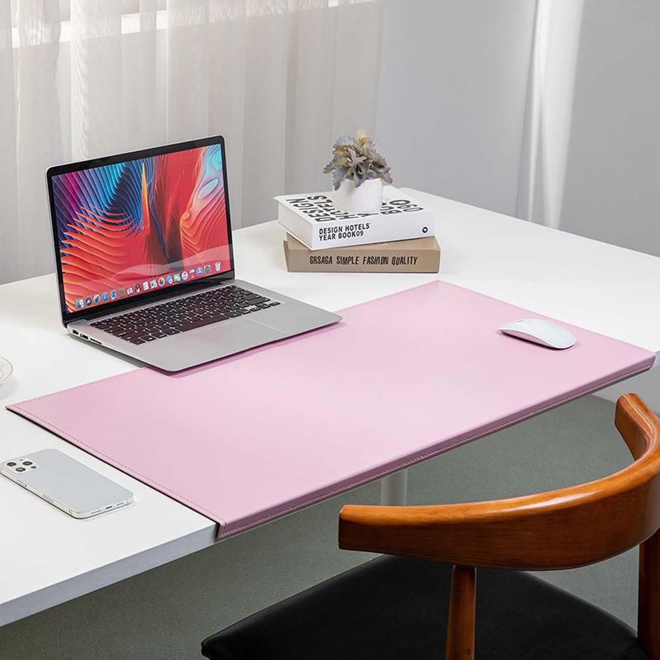 Leather Desk Pad with Edge Protector, Office Desk Mat for Writing Working Typing, Edge-Locked Large Mouse Mat, Comfortable Waterproof Wipeable Table Protector (60x120cm,Pink)