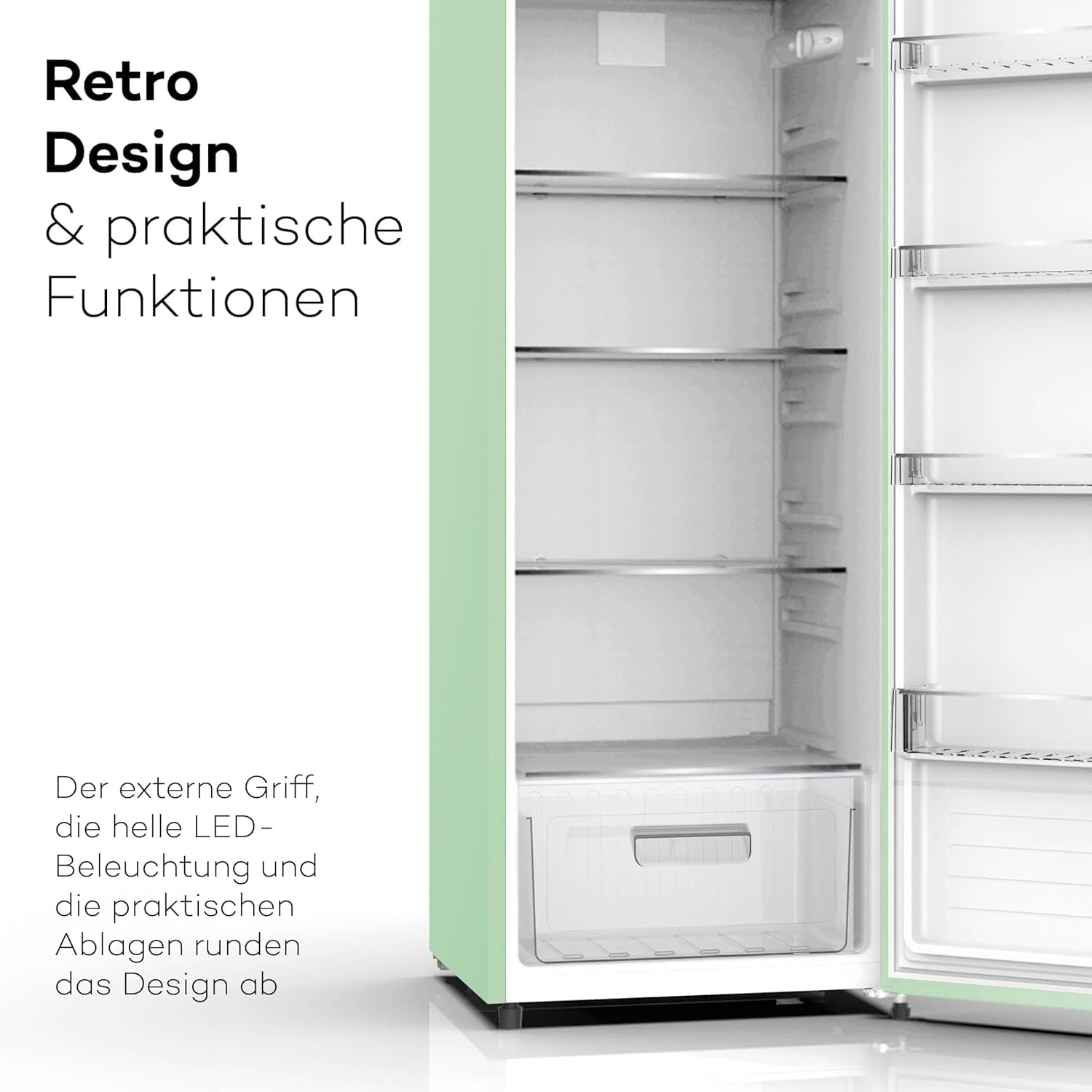 SCHOEPF – RKS245SGD Vollraum-Kühlschrank 145,6 cm – Retro Design – Grün – 238 L – LED-Beleuchtung – Höhenverst. Füße – 40 dB – Freistehend – Vintage Look - Getränkekühlschrank, Standardkühlschrank