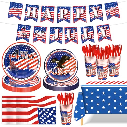170 PCS 4th of July Party Supplies, Patriotic Party Decorations, American Flag Theme Paper Plates Napkins Cups Knives Forks Tablecloths, and 4th of July Banner, Serve 24(Style B)