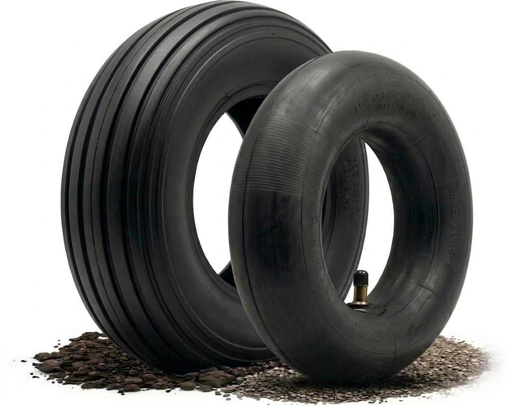 Schubkarrenreifen Set 400mm (4.80/4.00-8) 2PR von Tergato – Robuster Mantel (Decke) & Premium Butyl-Schlauch mit geradem Ventil – OHNE FELGE – Rillenprofil bis 2,0 Bar – Ersatzreifen für Schubkarren