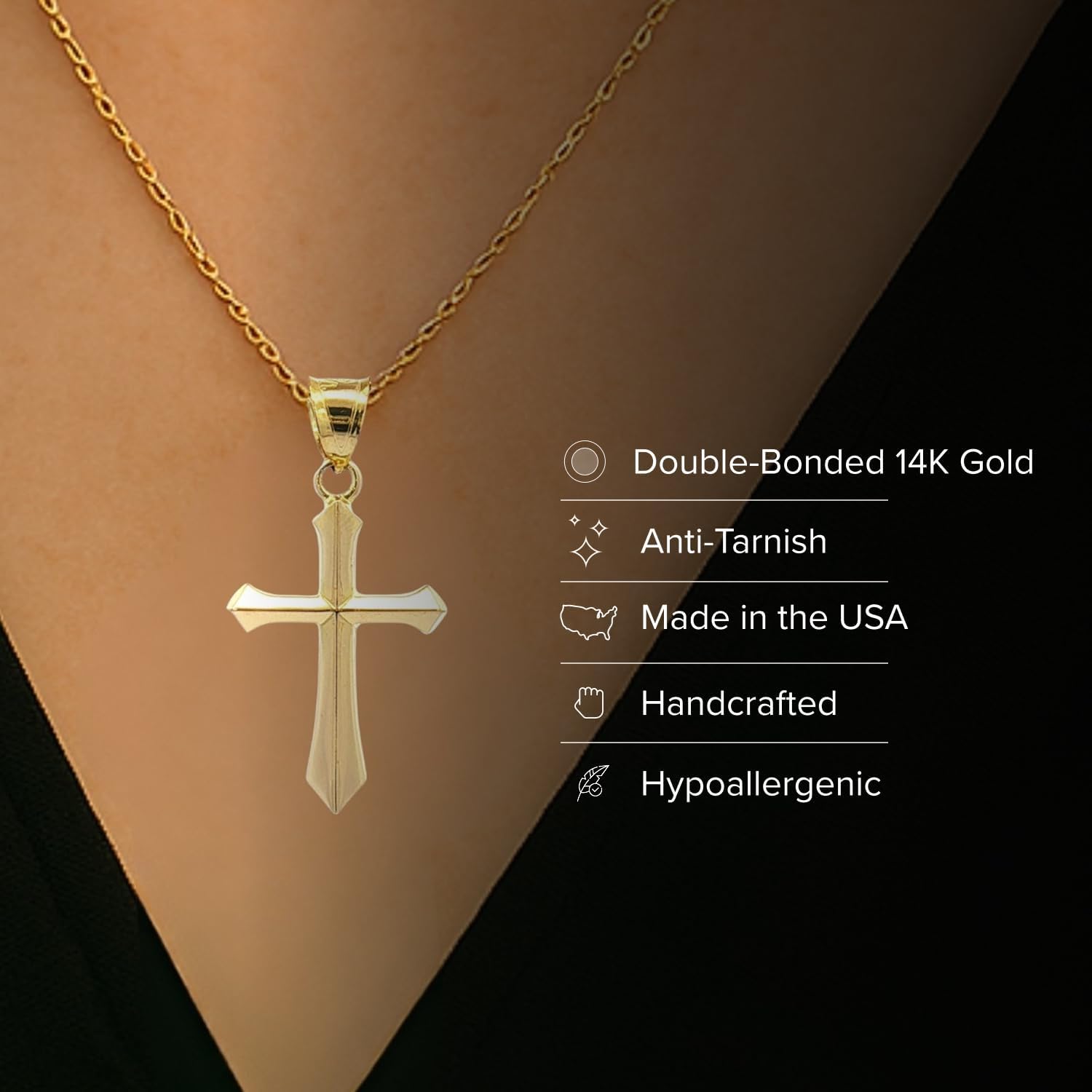 CROSS + CROWN Premium 14K Yellow Gold Angled Cross Pendant, Durable Double-Bonded 14K Pendant for Necklace, Women & Mens Gold Angled Cross for Chain, Handcrafted Religious Jewelry in the USA, Small