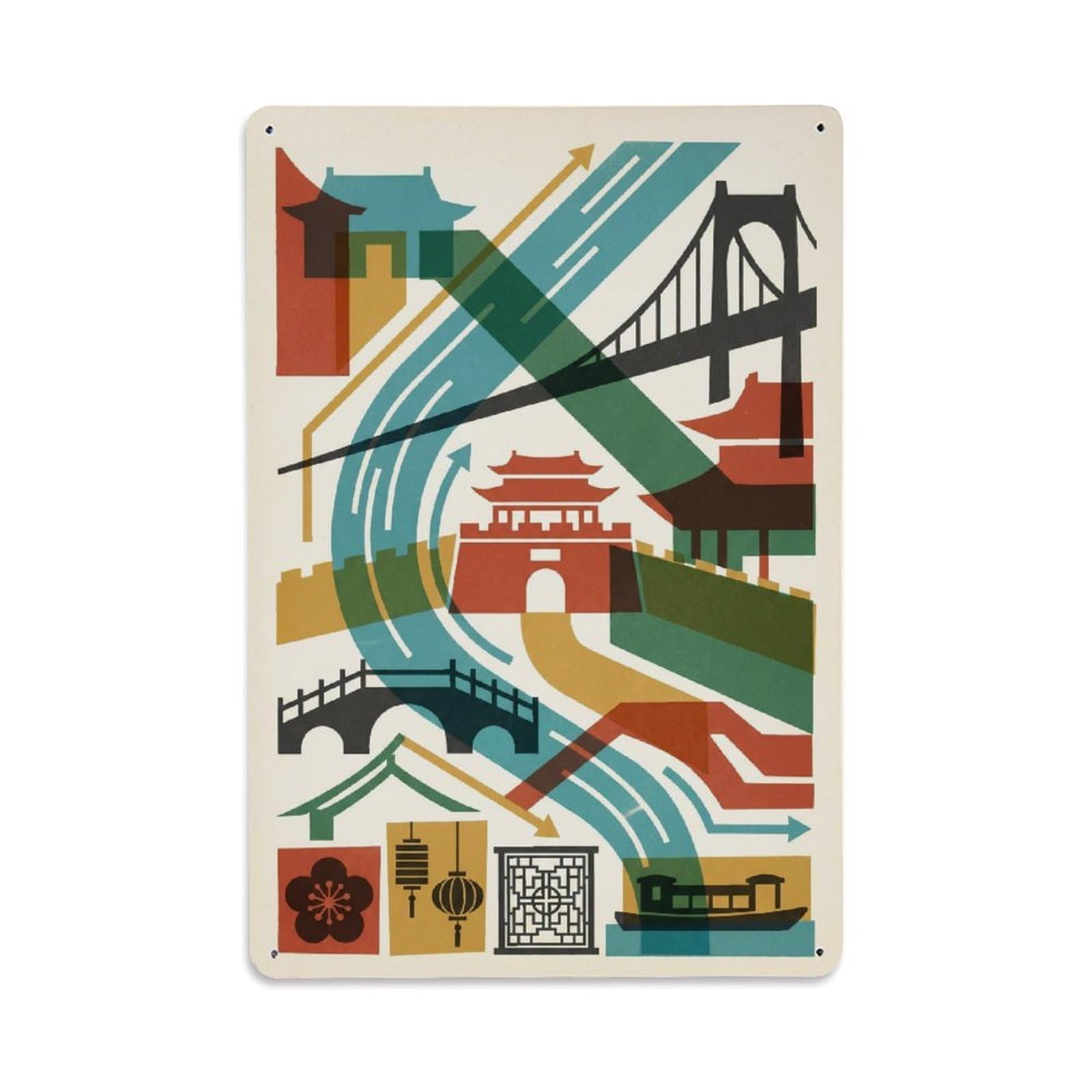 Okngb Style Illustration Chinese Nanjing Cityscape Transit Lines Metal Tin Sign Plaque Wall Decor For Cafe, Man Cave, Club Bar, Office, Home Garden Round Metal Poster 8X12inch