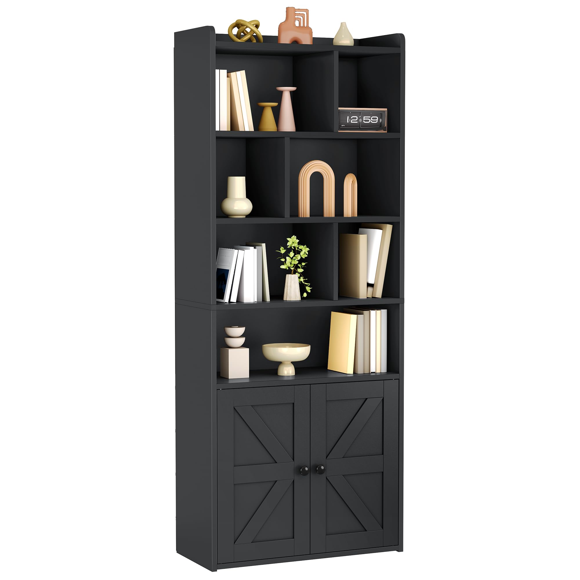 YITAHOME Bibliothèque à 4 Niveaux avec Portes et Placard, étagère de Rangement sur Pied, Compartiment Ouvert, idéale pour la Maison, Le Bureau, Le Salon ou la Chambre, Noire, 60 x 30 x 159 cm