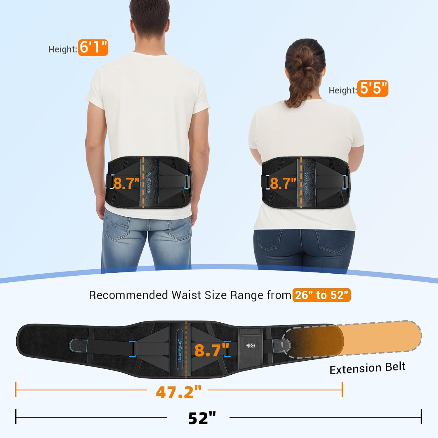 Comfytemp Cordless Heating Pad with Back Brace for Lower Back, FSA Eligible HSA Portable Wireless Wearable Heated Waist Belt, Rechargeable Lumbar Support Birthday Gift, 3 Heat 3 Timer, 52"(No Massage) - Image 4