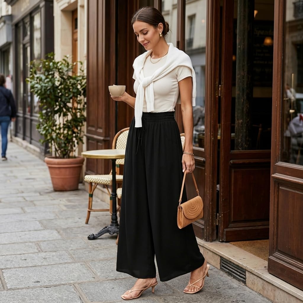 Pantalon à Jambes Larges pour Femmes Pantalon Léger et Décontracté Élégant Pantalons D'été Palazzo à Jambes Larges et Poches