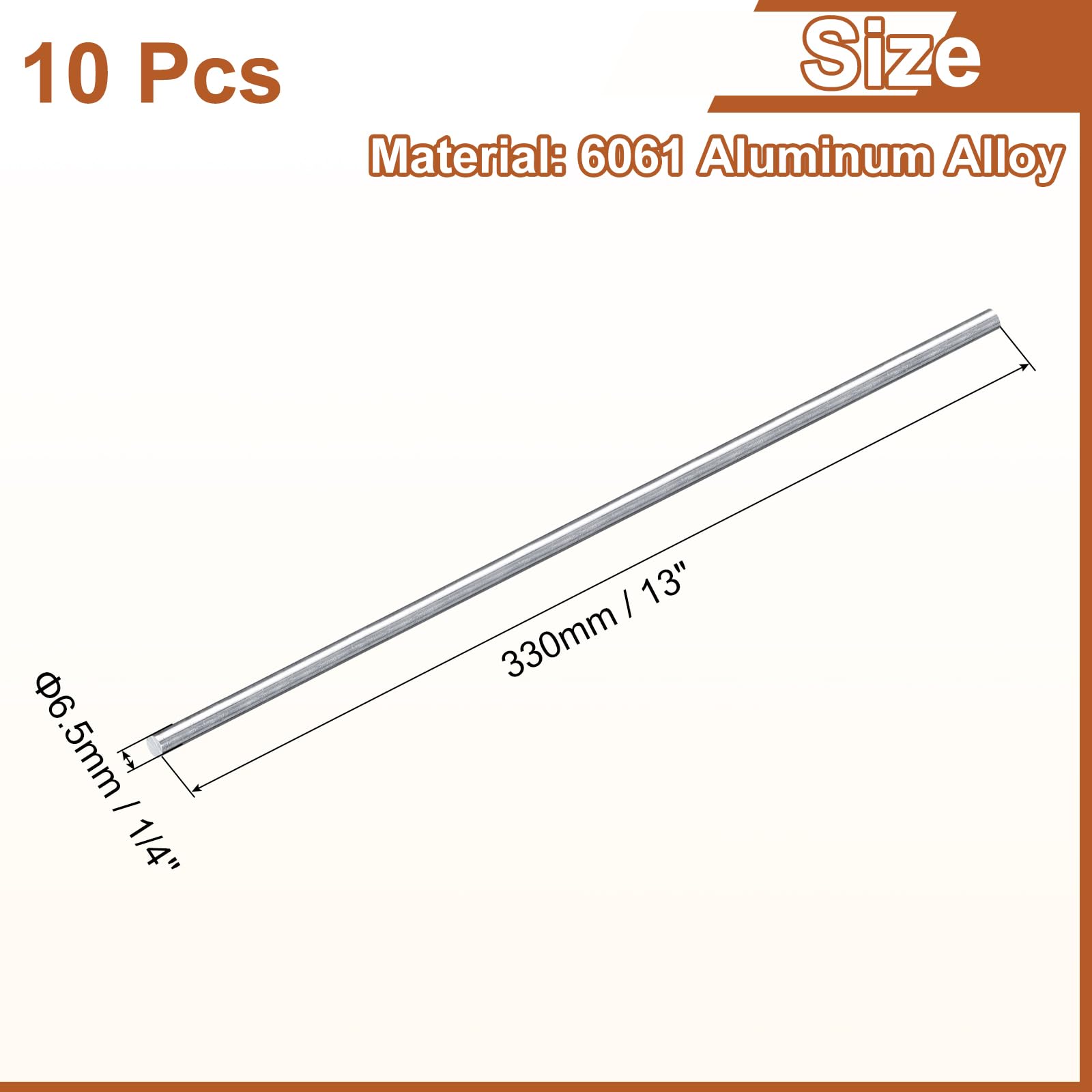 QUARKZMAN 10Pcs Tige Ronde En Aluminium De 1/4"(7mm) De Diamètre, Longueur 13"(330mm) Barre Pleine En Aluminium 6061 Pour L'industrie La Construction Bricolage Artisanat