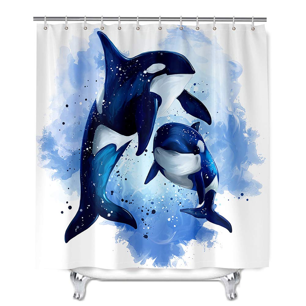Tenda da doccia con 12 ganci Ocean Doodle Stampato Impermeabile Lavabile Tenda da bagno Decorazioni per il bagno Tessuto 100% poliestere(Killer Whale,120x180cm)