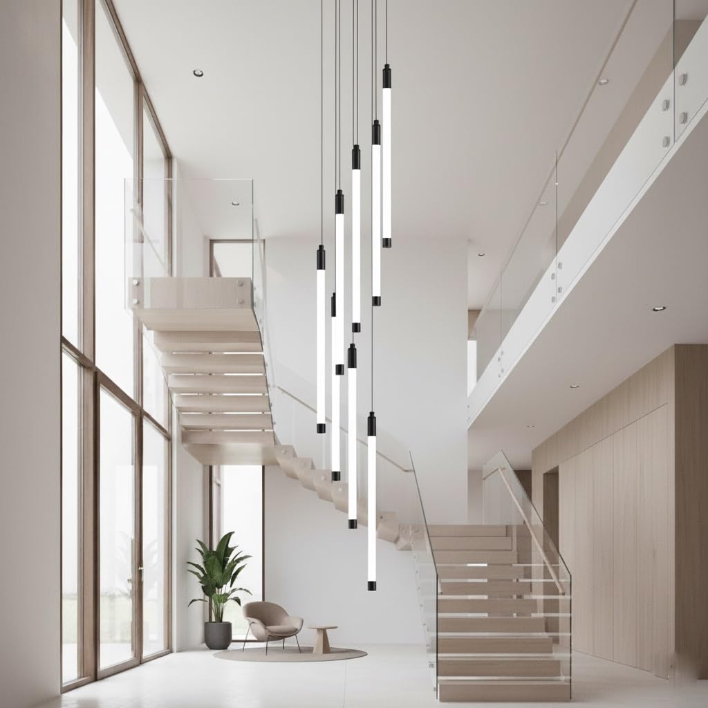 Moderner Linearer Schwarzer Röhren Kronleuchter, Pendelleuchte LED Höhenverstellbar für Hohe Decken Hängelampe Wohnzimmer Foyer Villa(8 Lights)