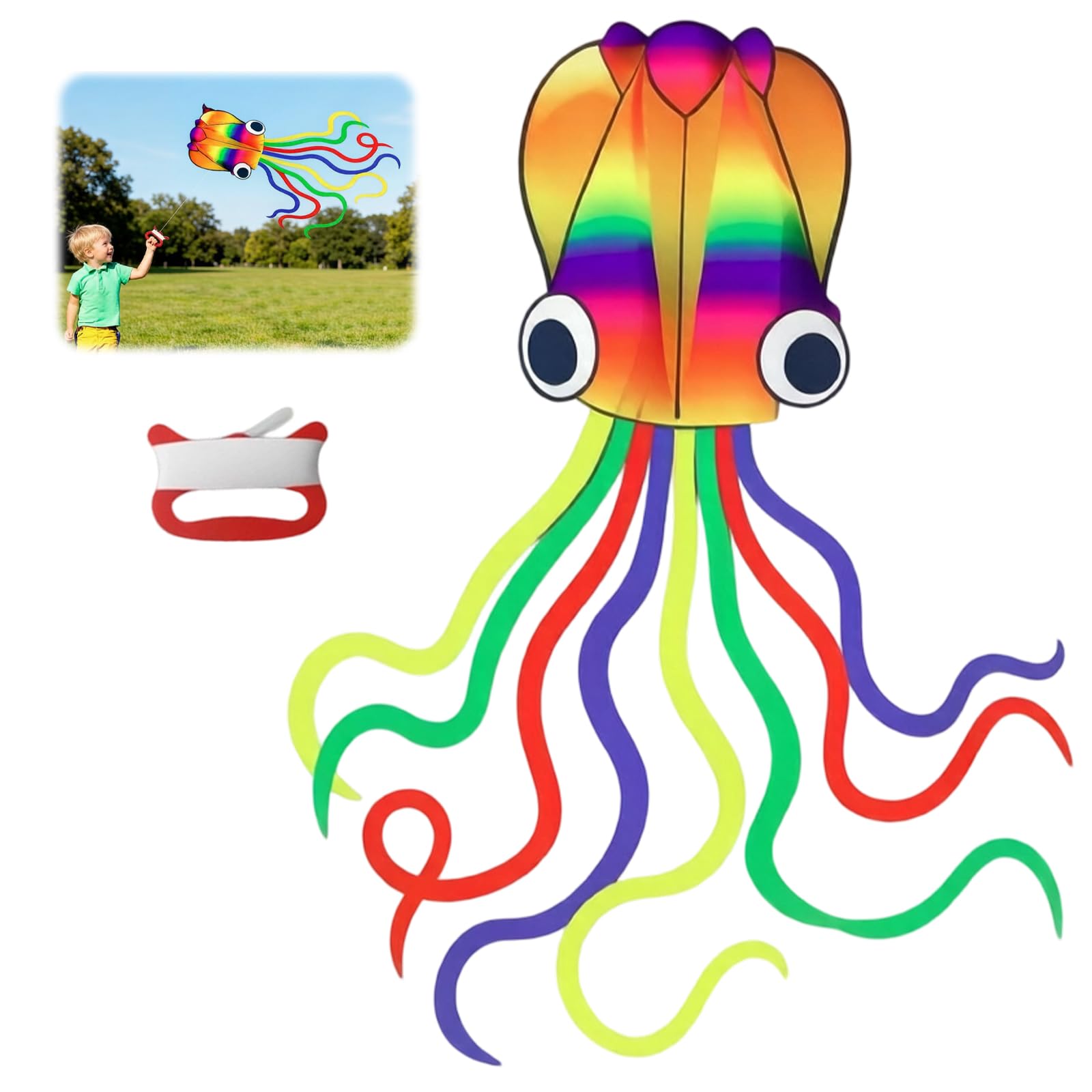 Kites for Kids Ages 4-8 Easy to Fly, Octopus Kite, Kids Kite with 100m Flying String, Large Rainbow Soft Kites with Long Tail for Family Outdoor Park Flying Beach Entertainment