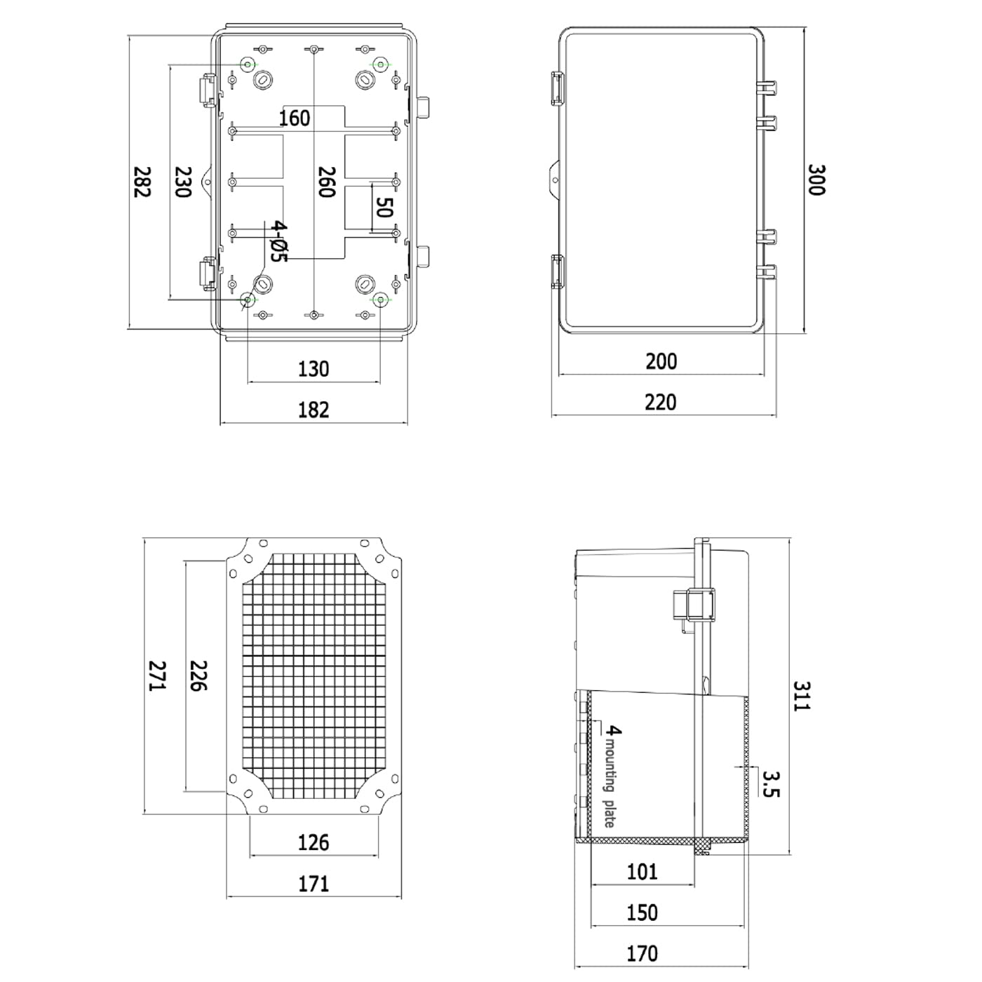 Wasserdichte elektrische Box mit Montageplatte, 300x200x170 mm, IP67 Anschlussdose, Edelstahl-Verriegelung, Scharnier, Projektgehäuse mit Wandhalterung und 2 Verschraubungen, 30x20x17 cm
