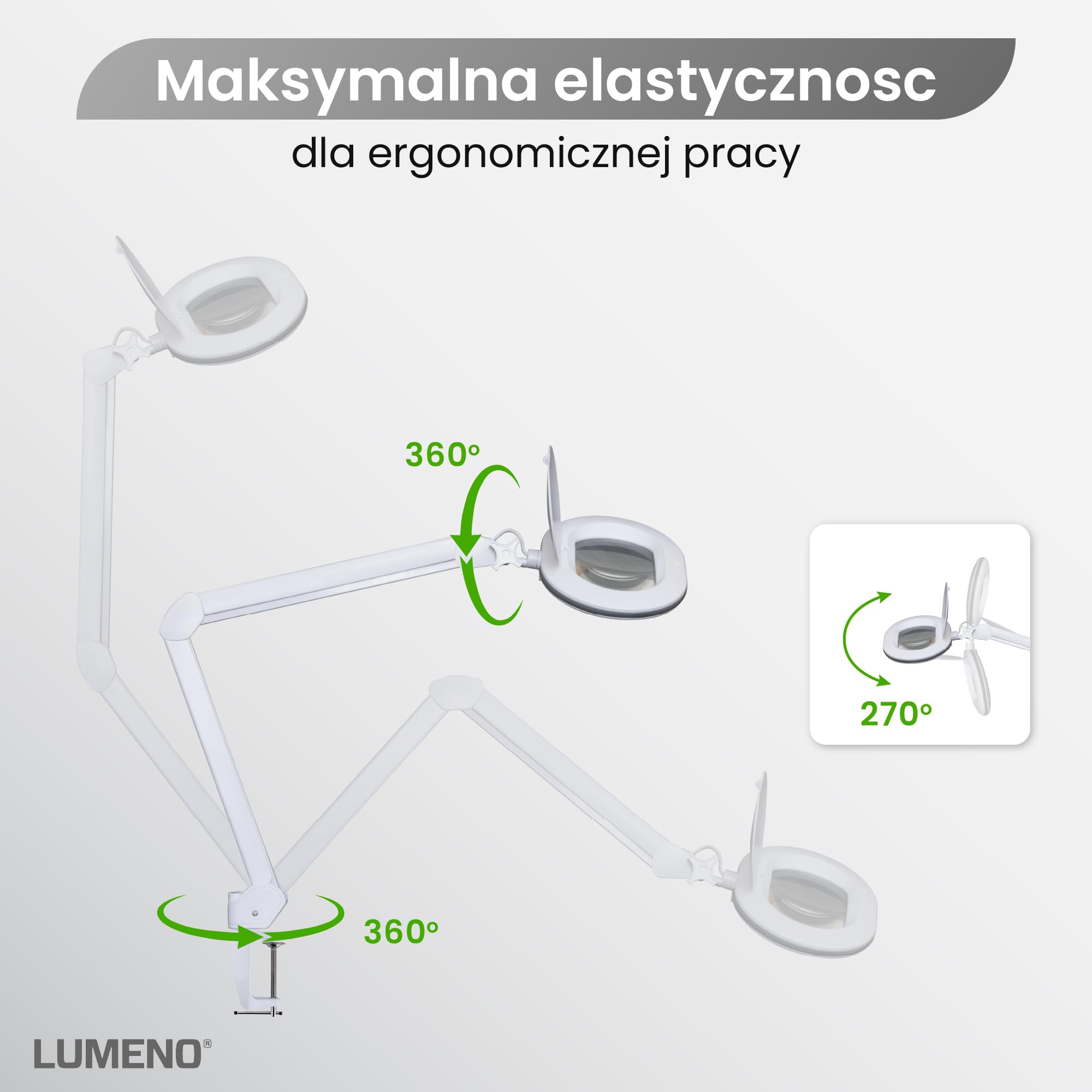 Lumeno 8615GR Lampa powiększająca Lampa robocza z dużą owalną soczewką 110x150 mm, 60 LED ściemnianych w 2 stopniach, idealna jako pomoc do czytania, kosmetyków lub lutowania, 5 dioptrie, szary