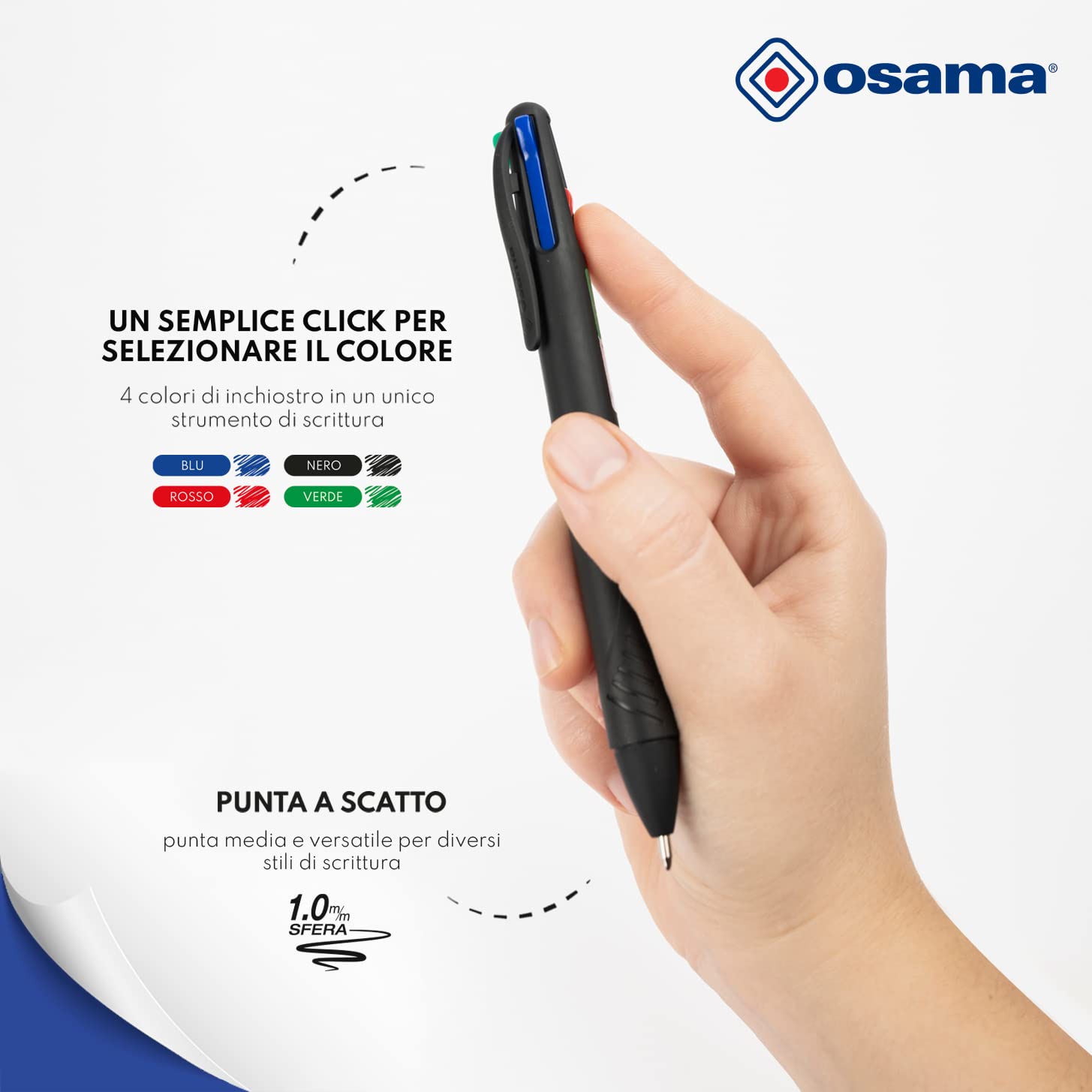 OSAMA, 4 Multi - Set Penne Nere 4 Colori, 6 Pezzi + Astuccio Piccolo Incluso - Penna Multicolore a Sfera, 1.0 mm, con Inchiostro Nero, Blu, Rosso e Verde - Penne Colorate per Cartoleria e Cancelleria