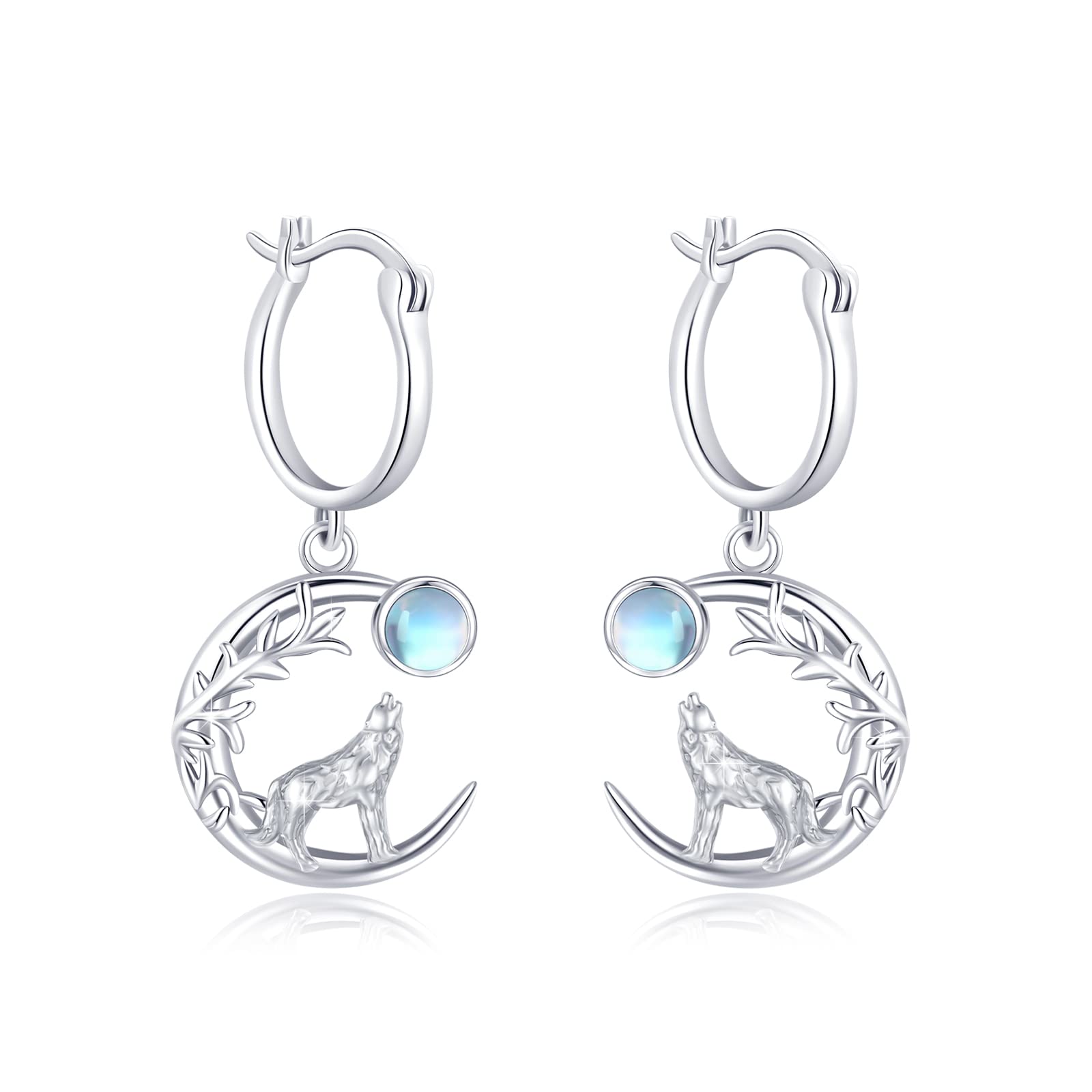 Wolf Ohrringe 925 Sterling Silber Mondstein Ohrstecker Tier Ohrringe Creolen Wolf Ohrstecker Hypoallergene Weihnachten Schmuck Geschenke für Damen