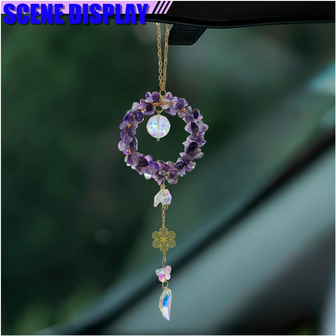 Craedli Purple Crystal Stone Car Rear View Mirror Hanging Charm (Purple) image 5