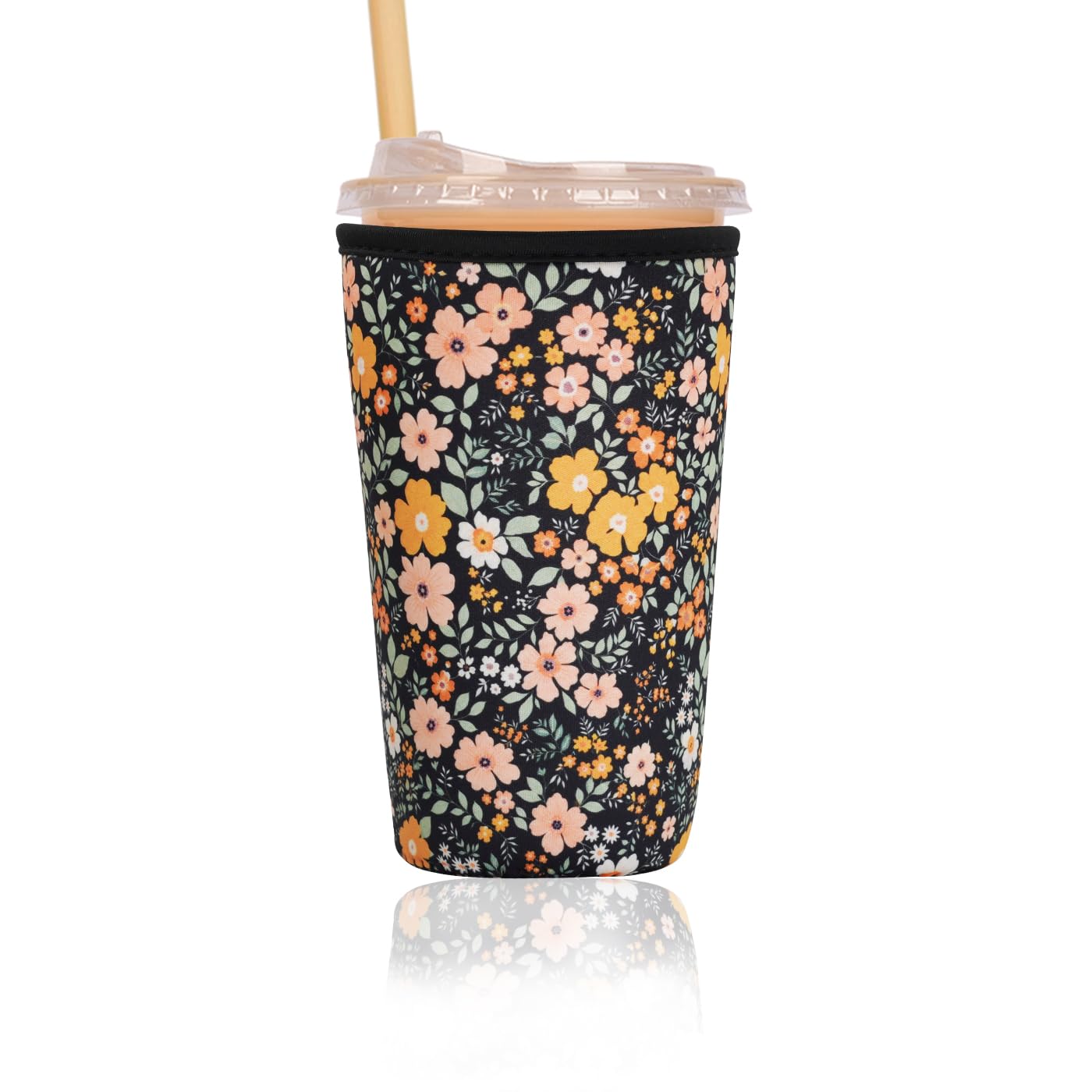 Reusable Insulated Sleeve for Iced Coffee Cup, Coffee Neoprene Sleeve for Cold &amp; Hot Drinks, Beverage Holder for Iced Coffee (Midnight Daisies, Large: 32oz)