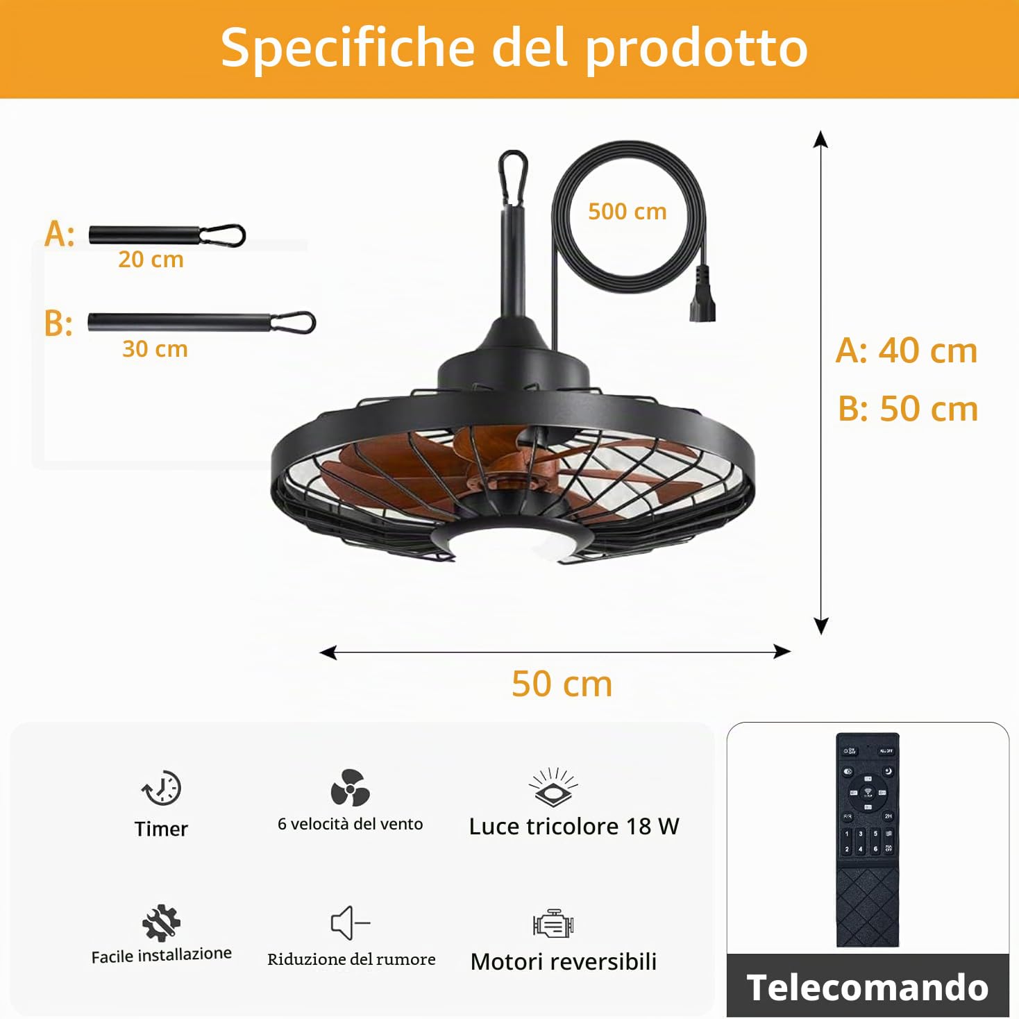 Ventilatore da Soffitto con Luce LED, Nero con Pale in Legno Scuro, Stile Industriale Retrò a Gabbia, Impermeabile IP65, 50 cm, Telecomando e Applicazione