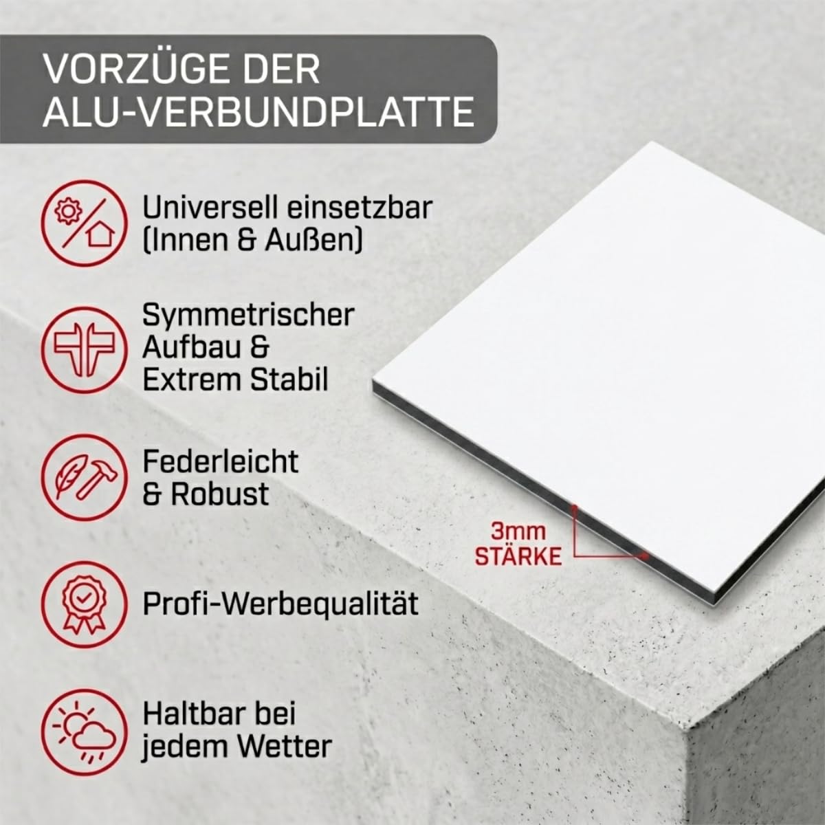 AtHaus® Aluverbundplatte 3 mm - Farbe weiß – Zuschnitt nach Maß – wetterfeste Aluminium Platte, langlebig & stabil – individuelle Größen für Innen- & Außenbereich – 1600 x 500 mm
